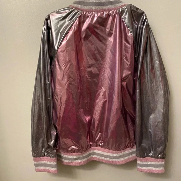 Cat & jack silver and pink shiny lightweight zip up jacket medium 7/8  ribbed - Picture 5 of 11